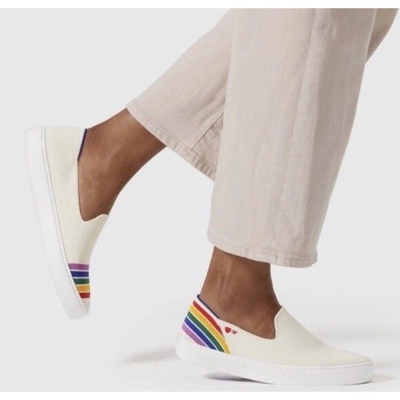 ROTHYS Size 10 Limited Edition SF Pride White Rainbow Stripe Slip On Sneakers - Picture 16 of 16